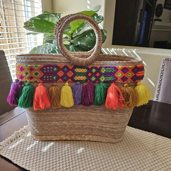 Handbags - Colorful Woven Tote Bag with Tassels